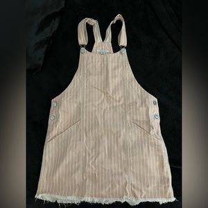 Pink and White Striped Denim Overall Dress